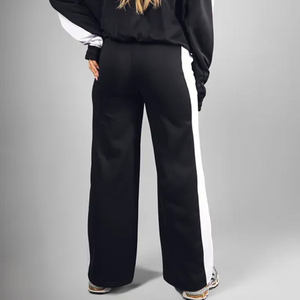 Pantalones de chándal de invierno casuales de corte medio para mujer, de alta demanda, negros con contraste blanco, de pierna ancha recta, ecológicos - Product Image 5
