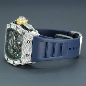 Reloj Cronógrafo de Lujo con Diamantes Incrustados, Esqueleto, Cristal de Zafiro, Analógico, Fecha Grande, Correa de Goma Azul, Estilo Hip Hop - Product Image 4