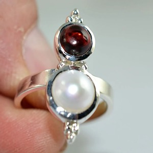 <b>Garnet</b> and Pearl <b>Ring</b> 925 Sterling <b>Silver</b> Handmade Promise <b>Ring</b> for Women, Dual stone Jewelry - Product Image 3