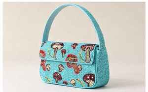 Sac à main de luxe fait main avec broderie champignon perlée bleue, portable, en coton/nylon, avec fermeture éclair, pour femme, idéal pour les soirées ou comme cadeau - Product Image 2