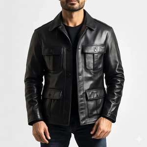Veste en cuir noire pour homme, style workwear, col rabattu, simple boutonnage, poches, coupe classique, pour l'automne - Product Image 1
