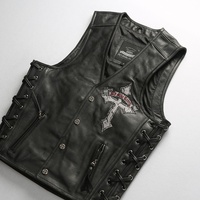 Veste de club MC en cuir de vache véritable avec lacets latéraux, patch brodé tête de mort et croix au dos, veste de motard