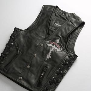 Veste de club MC en cuir de vache véritable avec lacets latéraux, patch brodé tête de mort et croix au dos, veste de motard - Product Image 4