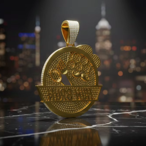 Pendentif circulaire personnalisé avec logo de chef, serti de diamants micro-pavés bleus et blancs, fabriqué à la main en or jaune 925. - Product Image 3