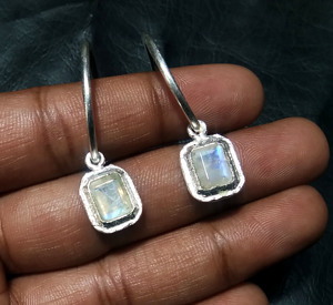 Natural Rainbow Moonstone <b>Hoop</b> <b>Earrings</b> <b>Solid</b> 925 Sterling <b>Silver</b> Handmade Cushion Cut Gemstone Bohemian Style Third Party - Product Image 3