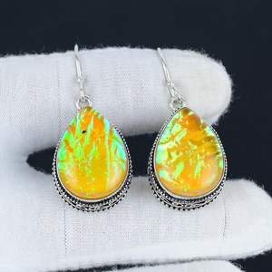 Pendientes de Plata de Ley 925 con Ópalo de Fuego Australiano Triple, Joyería Hecha a Mano, Pendientes Colgantes para Mujer, Venta al por Mayor - Product Image 6