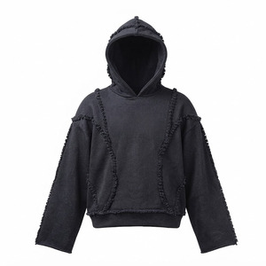 Washed <b>Black</b> Oversized Hoodie <b>Men</b> Fringe Raw Edge Crop Sweatshirt 100% Cotton <b>Fleece</b> - Product Image 1