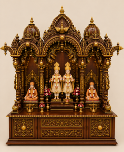 Temple domestique hindou de luxe avec sculptures d'éléphants sur la base, Pooja Mandir royal en bois doré avec piliers sculptés en forme d'éléphant pour les maisons américaines - Product Image 3