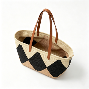 Customized Black diamond patchwork woven tote <b>bag</b>, geometric rhombus straw‑style shoulder shopper, multi‑tone woven <b>basket</b> tote - Product Image 3