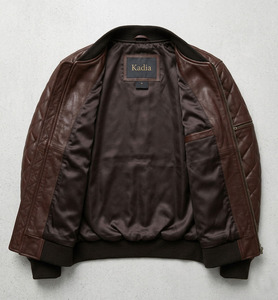 OEM Custom Wholesale <b>Men's</b> Cowskin Leather <b>Jacket</b> Brown Quilted <b>Bomber</b> Style Premium Quality Winter Outerwear Genuine Leather - Product Image 5