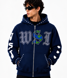 Sweat à capuche oversize pour homme, bleu marine, broderie de chaîne, logo WSI, style streetwear, polaire, 100% coton, imperméable, coupe-vent, automne - Product Image 1