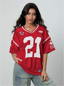 Camiseta de fútbol extragrande personalizada al por mayor para mujer y hombre, camiseta deportiva de malla con cuello en V, camiseta de equipo con número, ropa urbana OEM - Product Image 5