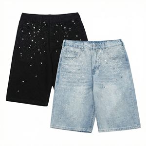 Shorts de mezclilla para hombre con detalles de pedrería, tela premium, corte de longitud media, costuras duraderas, estilo casual y urbano. - Product Image 5