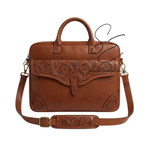 Genuine Leather <b>Briefcase</b> Floral Tooled Laptop Bag Business Messenger Bag Adjustable Strap Unisex Work Bag - Product Image 2