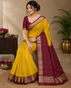 Sari traditionnel en soie pure tissé à la main, jaune moutarde, pallu marron, bordure Kanjeevaram en Zari doré, pour mariage et fête indiens traditionnels - Product Image 1