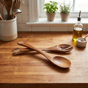 Utensilios de Cocina de Madera de Suar de Grado Alimenticio con Incrustaciones de Canela Blanca, Color Marrón Claro, Hermosos Utensilios para Servir y Cocinar, Cucharas Nuevas - Product Image 3