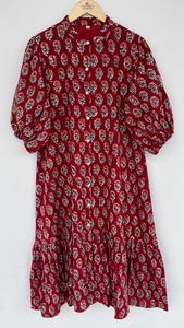 Women's Red Floral Print Cotton <b>Shirt</b> Dress Mandarin Collar Tiered Maxi Dress Puff Sleeve <b>Boho</b> Casual Flowy Summer Dress - Product Image 3