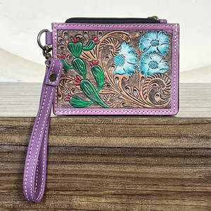 High Quality Genuine Hand Tooled Leather Cute Turquoise Flower Cactus Style Clutch Cash Credit <b>Card</b> <b>Holder</b> Wristlet <b>Wallet</b> - Product Image 2