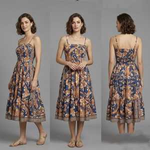 Robe mi-longue trapèze en coton mélangé tissé à imprimé floral bohème pour femme, avec volants et taille élastique, idéale pour l'été et les tenues décontractées - Product Image 3