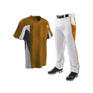 Uniforme de Béisbol Personalizado Unisex, Cuello en V, Manga Corta, Absorbente de Humedad, Estampado Frontal, Bloques de Color, 100% Poliéster, Blanco y Dorado - Product Image 1