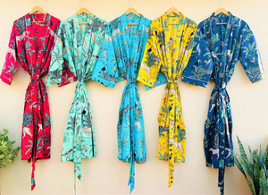 Tropical Print Wrap Robe Women's Loose Fit <b>Three</b> Quarter Sleeve Midi Dress V-Neck Breathable Polyester Summer Casual Wear - Product Image 1