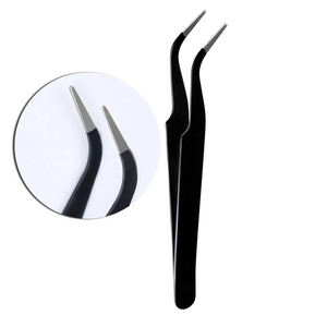 Eyelash Tweezers Black Color Coated Handle Metal Steel Pointed Tip Curved Volume <b>Extension</b> Eyelash Tweezers - Product Image 6
