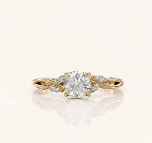 Ensemble de bagues de fiançailles et de mariage en or massif 14 carats avec diamants de laboratoire, motif feuille/branche inspiré de la nature, bijoux de mariée - Product Image 1