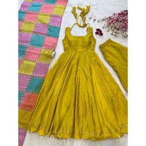 Vestido Amarillo de Rayón de Diseño Elegante con Falda y Dupatta para Fiestas, Estilo Salwar Kameez, Talla S - Product Image 1