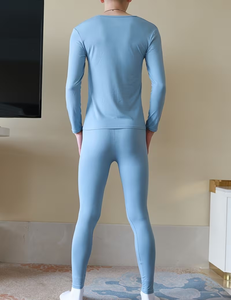 Men Light Blue Knitted Long Sleeve Top And Leggings Set Solid Color Casual Loungewear All Seasons Wear - Product Image 2