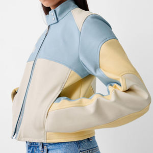 Women’s Cropped Motorcycle Bomber Jacket OEM Custom Genuine Leather & Satin PU with Embroidery and Printed Design - Product Image 2