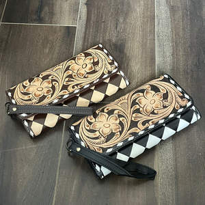 Handcrafted Genuine Cowhide Leather Wristlet <b>Wallet</b> Clutch Floral Tooled Woven Design Purse with Zipper and <b>Card</b> Slots for <b>Women</b> - Product Image 5