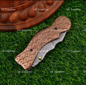 UA Supplies DIY Customized <b>Copper</b> Handle Hand Engraved Damascus Steel Hunting Outdoor Pocket Folding Knife Thumb <b>Knob</b> Liner Lock - Product Image 4