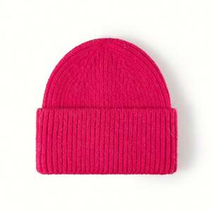 Gorro de lana cálido para mujer, de doble capa, con borde tejido, de color liso, para otoño e invierno, con forro de piel de conejo, para exteriores. - Product Image 1