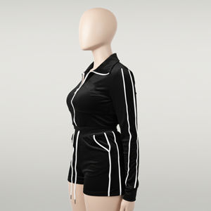 Ensemble de survêtement deux pièces en coton tricoté 100 % uni avec logo personnalisé pour l'été – Sweat-shirt zippé et short – Prix de gros pour femmes - Product Image 5