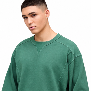 Sudadera de algodón de color verde liso, estilo oversize, lavada a medida, con cuello redondo, informal, de punto, para otoño. - Product Image 4
