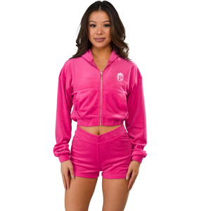 Womens <b>Velour</b> Zip Up Cropped Hoodie With Soft Plush Fabric Stretch Fit Casual <b>Lounge</b> Wear Stylish Comfort <b>Set</b> - Product Image 1