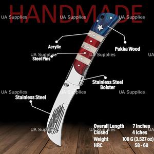 Cuchillo de Bolsillo Plegable de Grado Industrial con Bandera Americana, Hoja de Acero de Damasco, Punta Clip, OEM, de UA Supplies Professional - Product Image 2