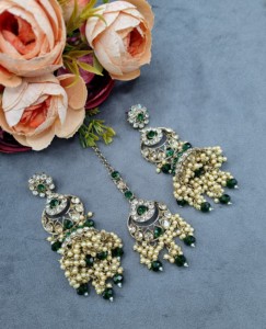 Heavy Ethnic CZ Studded Bridal Choker <b>Set</b> With Pearl Drop Accents Matching Earrings & Mangtika Antique <b>Gold</b> Plated <b>Jewellery</b> <b>Set</b> - Product Image 6