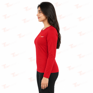 T-shirt à manches longues pour femme, col rond, rouge, uni, décontracté, avec logo, respirant, 100% coton - Product Image 3