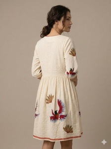 Boho Embroidered Cotton Midi Dress <b>Three</b> Quarter Sleeve A-Line Loose Fit O-Neck Natural Waist Animal Pattern Spring Daily Wear - Product Image 1