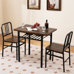 Rustic Brown & Black 3-Piece <b>Dining</b> <b>Table</b> Set <b>Space</b>-<b>Saving</b> Tuck-Under Chair Design for Small <b>Dining</b> Rooms - Product Image 2