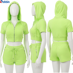 Conjunto Deportivo de Top Corto con Capucha y Pantalones Cortos para Mujer, Color Verde Lima, de Manga Corta con Cierre, para Primavera/Verano, Superventas - Product Image 4