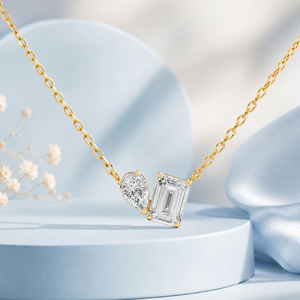Collar con Colgante Toi Et Moi de Oro de 14K con Diamante Cultivado en Laboratorio, Piedras de Corte Esmeralda en Forma de Pera, Diseño de Cadena de Lujo, Regalo de Compromiso, Boda, Fiesta - Product Image 1