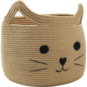 Cute <b>Cat</b> Face Cartoon Printed Cotton Barrel-Shaped Storage Basket with Two Handles Open Top Foldable Waterproof - Product Image 1