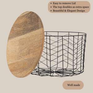 Metal <b>Wire</b> <b>Basket</b> with Lid Black Round Metal Wood Storage for Fruits Vegetables Multipurpose Organizer for Kitchen Pantry - Product Image 6