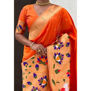 Sari de Seda Paithani Naranja con Diseño de Borde Grande de Estilo Mixto, Tejido con Hilo Zari, Ropa India y Pakistaní, Tejidos de Élite, 700g - Product Image 4
