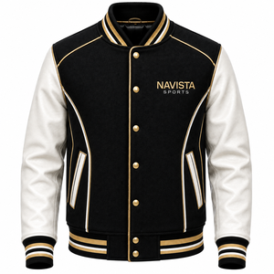 Veste universitaire classique Navista Sports, bleu marine, corps en laine, manches en cuir crème, patch en chenille, écologique, réversible - Product Image 5