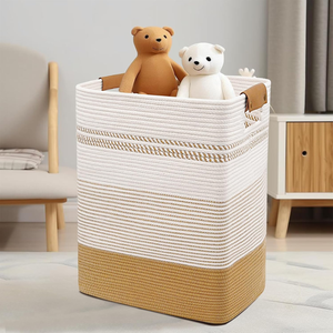 Grand panier de rangement carré en corde de coton tressée à la main, écologique, avec doublure en paille, ouverture supérieure, deux poignées en cuir, rayé - Product Image 2