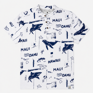 เสื้อยืดเฮนลีย์พิมพ์ลายสำหรับผู้ชาย แขนสั้น สีขาว-น้ำเงิน ลายแผนที่ฮาวาย สไตล์ลำลอง คอตั้ง ผลิตโดย OEM จากบังกลาเทศ - Product Image 1