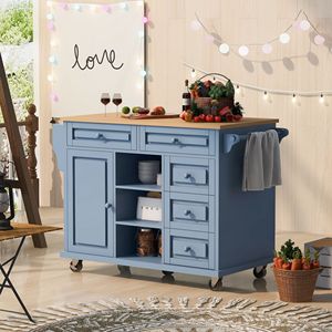 53-Inch <b>Blue</b> <b>Rolling</b> Mobile <b>Kitchen</b> Island Cart with Storage and 5 Drawers Featuring Rubber Wood Desktop - Product Image 2